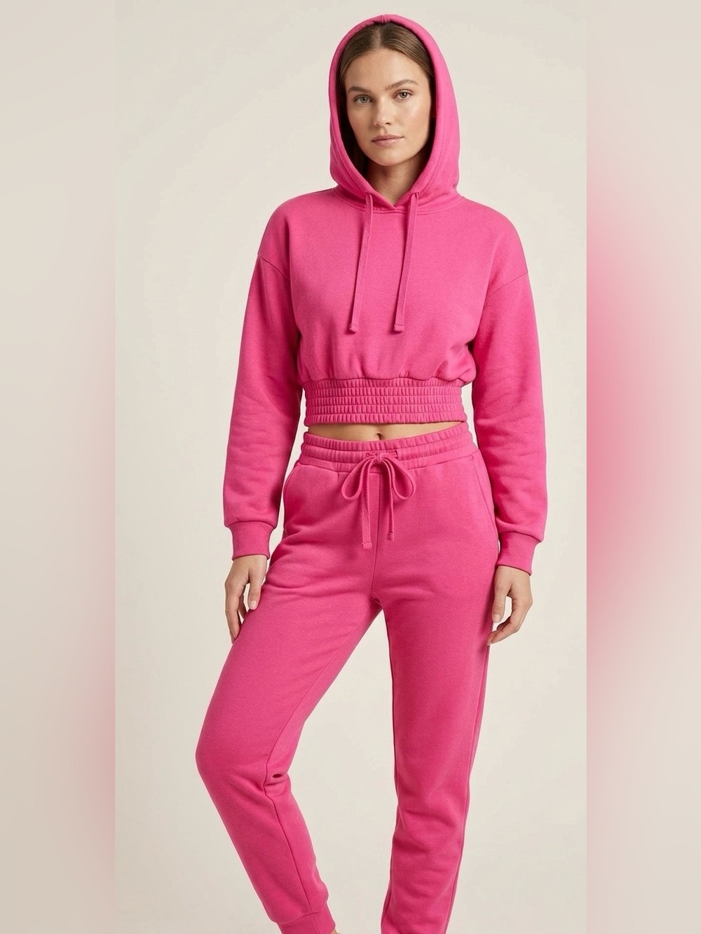 Cropped Hooded Sweatshirt and Jogger Set - Hot Pink